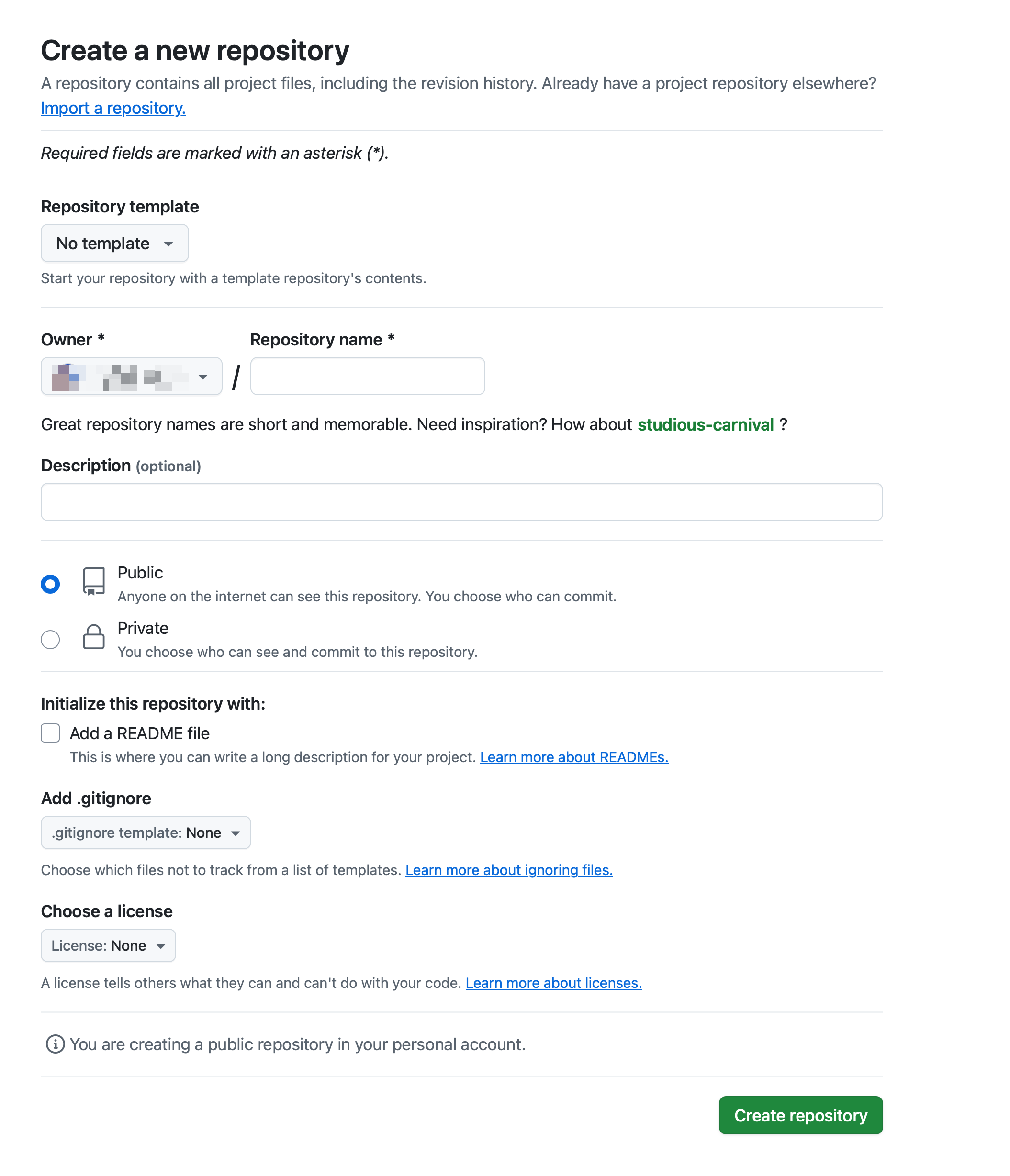 GitHub Create a new repository page