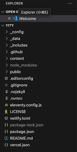 Directory structure of Eleventy's base blog